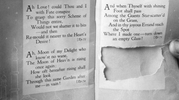 Last Page of Edward FitzGerald's First Edition Translation of The Rubaiyat of Omar Khayyam From Which 'Tamam Shud' Was Cut Out